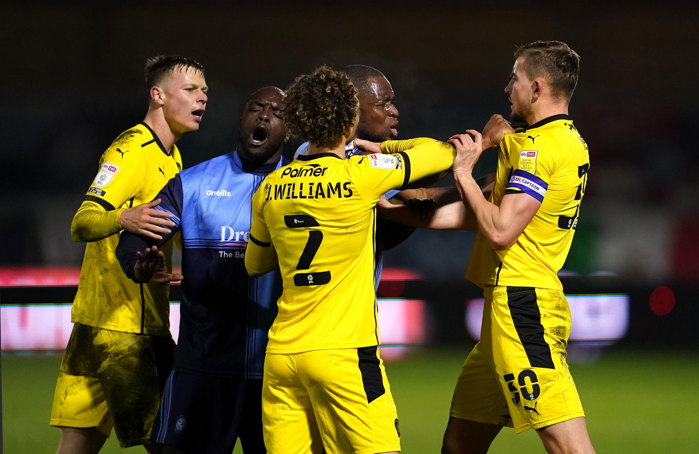 There were several scraps in the match as both sets of players lost their cool at Adams Park, as Wycombe lost at home to Barnsley 3-1 on March 17, 2021 (John Walton/PA)