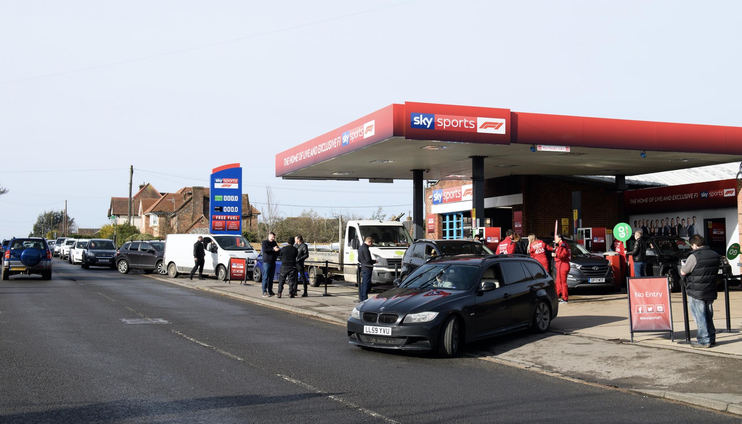 Sky Sports F1 takes over Bucks petrol station and offer drivers free petrol 